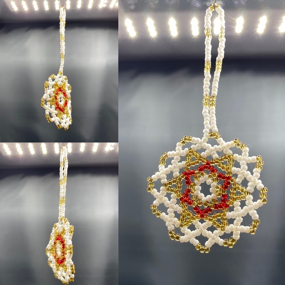 2 Antique Czech Gablonz Beaded Star + Snowflake Christmas Ornament Vtg Norway - Picture 6 of 16